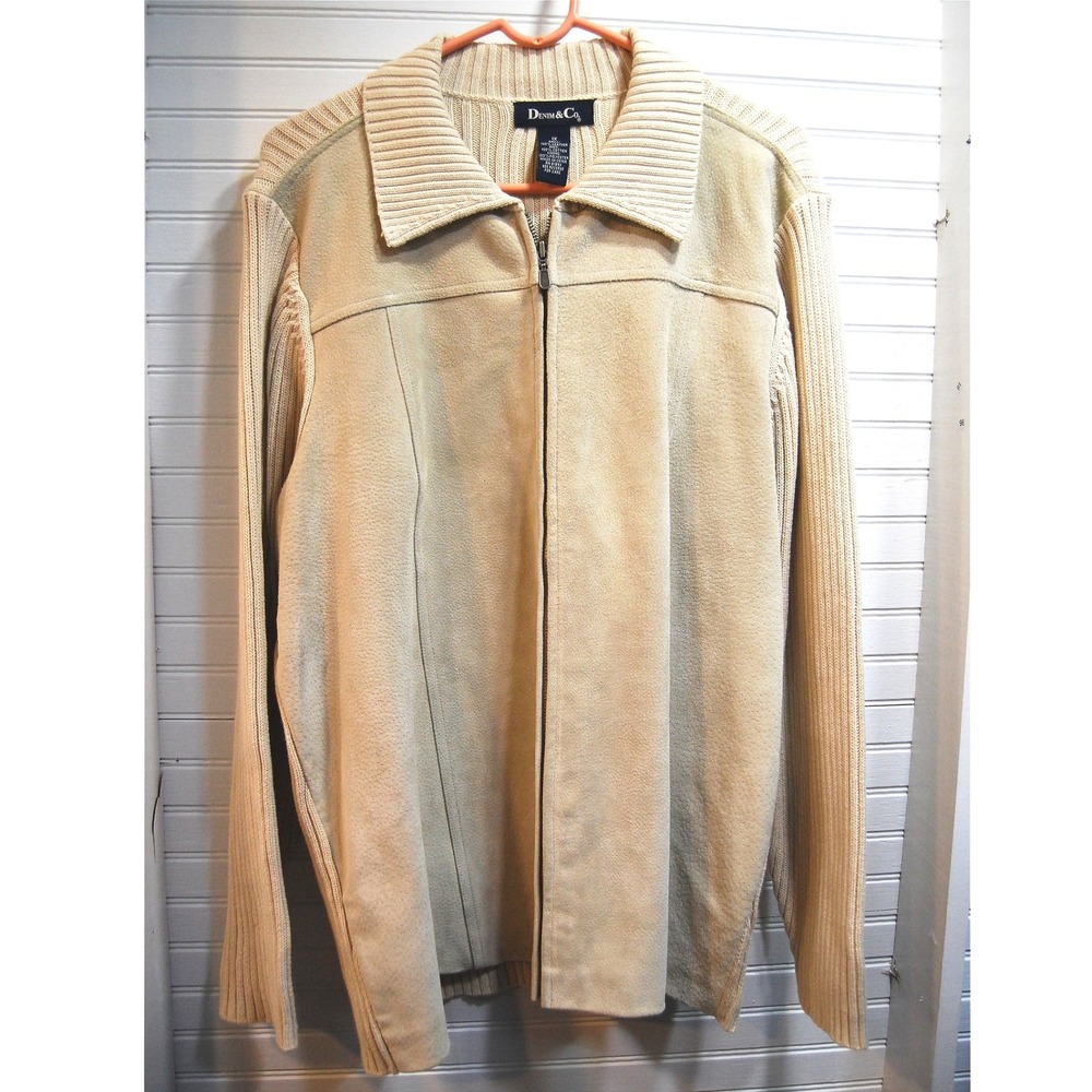 Vintage Denim & Co. suede leather jacket Womens 1X Beige Y2K knit zip-up sweater